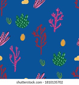 Seamless pattern with corals and sea plants. Algae, flowers. Abstract print marine nature. Underwater floral print with seaweed. Simple style design