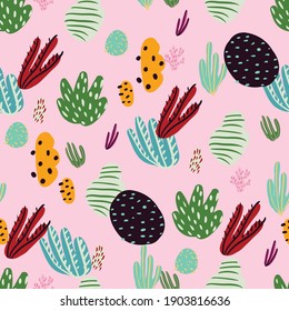 Seamless pattern with corals and sea plants. Algae, flowers. Abstract print marine nature. Underwater background. Simple style design