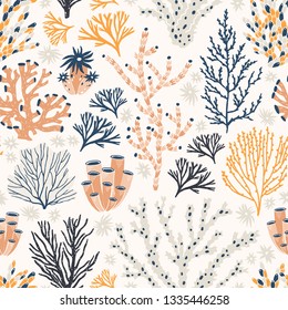 Seamless pattern with corals and seaweed or algae on white background. Backdrop with exotic seabed species, underwater creatures. Flat colorful vector illustration for wrapping paper, textile print.