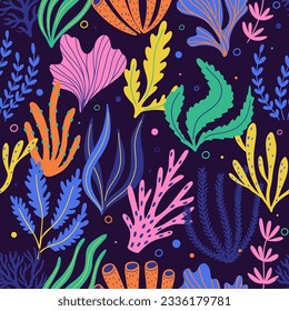 Seamless pattern with corals and seaweed. Underwater flora, sea plants. Hand drawn summer beach print. Cute ocean background. Abstract design for clothing, wrap, textile, fabric.