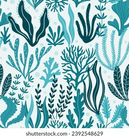 Seamless pattern with corals and seaweed. Underwater flora, sea plants. Hand drawn summer beach print. Cute ocean background. Abstract design for clothing, wrap, textile, fabric.