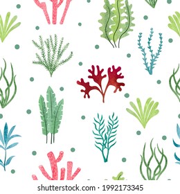 Seamless pattern with corals and seaweeds. Underwater algae. Vector watercolor marine background.