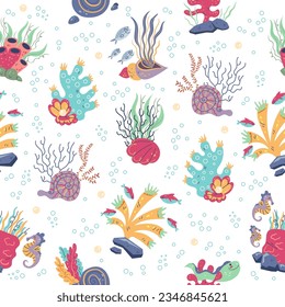 Seamless pattern with corals and seaweeds. Underwater inhabitants, fish and seahorse, doodle style drawing, Decor textile, wrapping paper, wallpaper design. Print for fabric. Vector concept