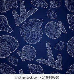 Seamless pattern with   corals and shells on  dark blue background. Abstract underwater background. Idea for design with marine motifs