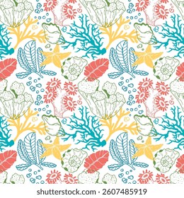 Seamless pattern of corals and shells. Sea coral reef polyps and algae, tropical ocean, underwater wildlife and marine flora, textile or wallpaper background design.