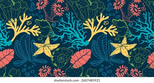 Seamless pattern of corals and shells. Sea coral reef polyps and algae, tropical ocean, underwater wildlife and marine flora, textile or wallpaper background design.
