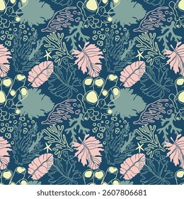 Seamless pattern of corals and shells. Sea coral reef polyps and algae, tropical ocean, underwater wildlife and marine flora, textile or wallpaper background design.