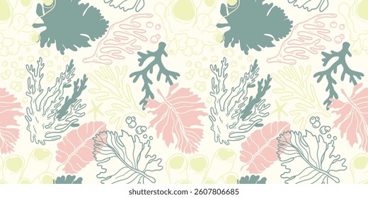 Seamless pattern of corals and shells. Sea coral reef polyps and algae, tropical ocean, underwater wildlife and marine flora, textile or wallpaper background design.