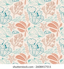 Seamless pattern of corals and shells. Sea coral reef polyps and algae, tropical ocean, underwater wildlife and marine flora, textile or wallpaper background design.