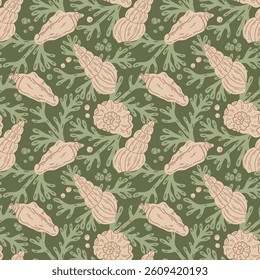 Seamless pattern of corals and shells. Sea coral reef polyps and algae, tropical ocean, underwater wildlife and marine flora, textile or wallpaper background design.