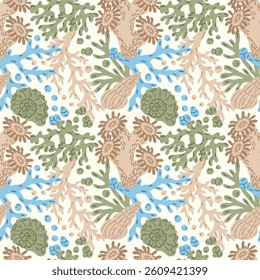Seamless pattern of corals and shells. Sea coral reef polyps and algae, tropical ocean, underwater wildlife and marine flora, textile or wallpaper background design.