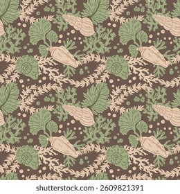 Seamless pattern of corals and shells. Sea coral reef polyps and algae, tropical ocean, underwater wildlife and marine flora, textile or wallpaper background design.