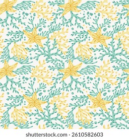 Seamless pattern of corals and shells. Sea coral reef polyps and algae, tropical ocean, underwater wildlife and marine flora, textile or wallpaper background design.