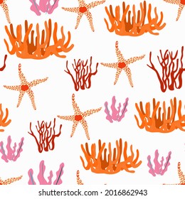 Seamless pattern with corals and starfish on a white background.