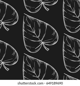 Seamless Pattern Of Cordate Leaves Hand Drawn Sketch Black Outline