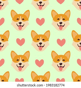 Seamless pattern with corgi. Background with a pattern of a dog's face. Vector flat illustration.