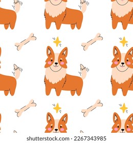 Seamless pattern with corgi, bone and star. Happy little puppy. Kawaii dog. Kids naive wallpaper or boho cartoon fashion all over print. Vector cartoon illustration.