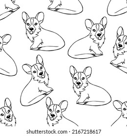 Nahtloses Muster eines Korgi-Hundes auf weißem Hintergrund.Vektor-Muster im Doodle-Stil für Textilien, Notebook-Cover, Postkarten, Pakete.
