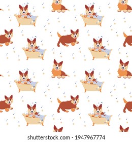Seamless pattern corgi in different poses- sitting, in the bathroom. running Flat vector illustration