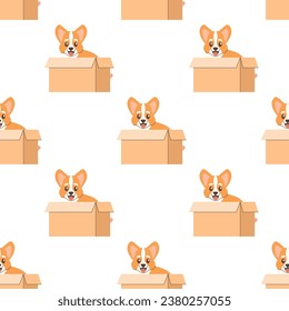 Seamless pattern of a corgi dog in a box , adoption