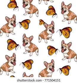 Seamless pattern with corgi dog and butterfly on white background.