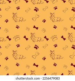 Patrón sin foco con el perro Corgi en un fondo amarillo