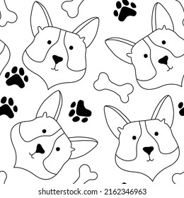 Patrón sin brillo con la huella de la pata del perro corgi y hueso. Cuidados adorables cachorros. Mejor amigos, concepto de cuidado animal. Patrón sin fisuras del vector dibujado a mano. Fondo de fondo, fondo de pantalla, para embalaje, papel de embalaje.