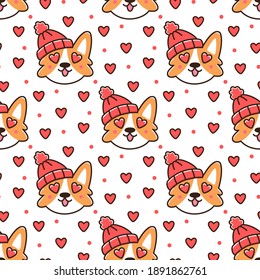 Seamless pattern with Corgi dog in red knitted hat, with heart for Happy Valentine's day. It can be used for packaging, wrapping paper, textile and etc.