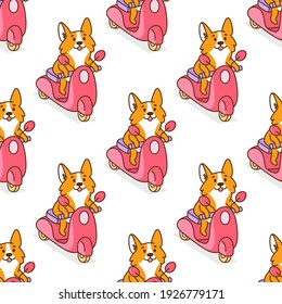 Seamless pattern with corgi dog rides on a pink motobike. It can be used for card, flyer, packaging, wrapping paper, etc.