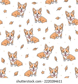 Seamless pattern with corgi dogs and autumn leaves on white background. Good for prints, wrapping paper, textile, nursery decor, wallpaper, etc. EPS 10