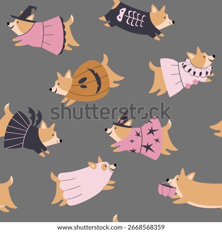 Seamless pattern with corgi dogs in halloween costumes. Vector hand drawn illustration in pink and gray tones for fabric and textile.