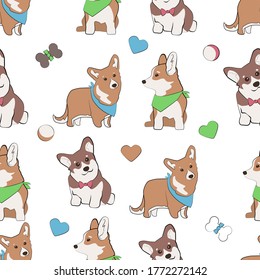 Seamless pattern with corgi dogs in ties and animal toys - pets are endless