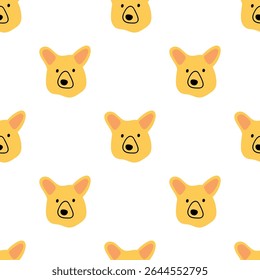 Padrão contínuo. Rosto de corgi. Design bonito desenhado à mão plana. Ilustração vetorial sobre fundo branco.