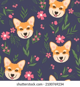 Seamless pattern with corgi faces and flowers. Vector graphics.