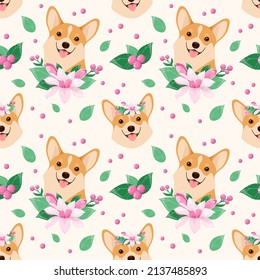 Seamless pattern with corgi and flowers. Cartoon design.
