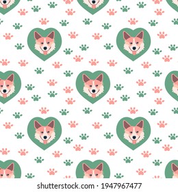 Seamless pattern Corgi in heart and dogs foot print Flat vector illustration