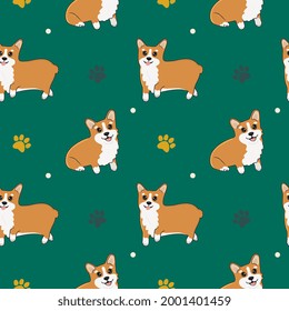 Seamless pattern with corgi and paws. Cartoon home pet, set of cute puppies for print, posters and postcard. Vector corgi animal background. Funny little doggy seamless pattern