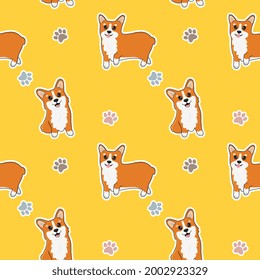 Seamless pattern with corgi and paws. Cartoon home pet, set of cute puppies for print, posters and postcard. Vector corgi animal background. Funny little doggy seamless pattern on yellow background.