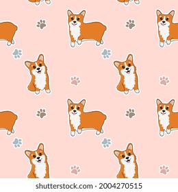 Seamless pattern with corgi and paws. Cartoon home pet, set of cute puppies for print, posters and postcard. Vector corgi animal background. Funny little doggy seamless pattern on pink background.