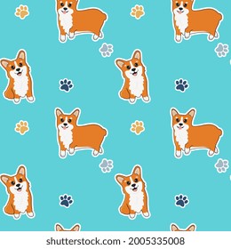 Seamless pattern with corgi and paws. Cartoon home pet, set of cute puppies for print, posters and postcard. Vector corgi animal background. Funny little doggy seamless pattern on blue background.