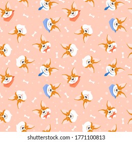 Seamless pattern with corgi pembroke. Cheerful faces of a dog. Face pattern. Background with muzzles. Cartoon stylization of a corgi.