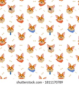 Seamless pattern with corgi pembroke. Cheerful faces of a dog.. Background with dog face pattern. Cartoon stylization of a corgi.