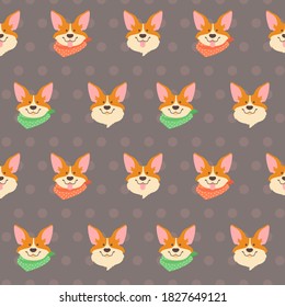 Seamless pattern with corgi pembroke. Cheerful faces of a dog. Face pattern. Background with muzzles. Cartoon stylization of a corgi.
