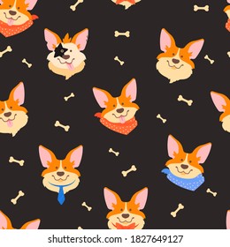 Seamless pattern with corgi pembroke. Cheerful faces of a dog. Face pattern. Background with muzzles. Cartoon stylization of a corgi.
