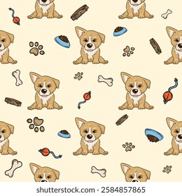 Seamless pattern with corgi puppy. Vector background with cute dogs and pet accessories. Bright print for wrapping paper, gift decoration, pet store decoration, grooming salon, training center