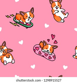 Seamless pattern. Corgi sticker pack. Corgi skater, Corgi in love and cute puppies. Set of funny stickers. Great for greeting cards, Valentine's Day and more.