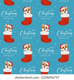 Seamless pattern with corgis in christmas sock. Greeting text Merry Christmas and Happy New Year. Background for wrapping paper, greeting cards and seasonal designs. 