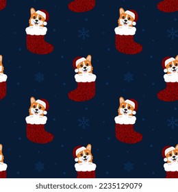 Seamless pattern with corgis in christmas sock. Background for wrapping paper, greeting cards and seasonal designs. Merry Christmas and Happy new year.