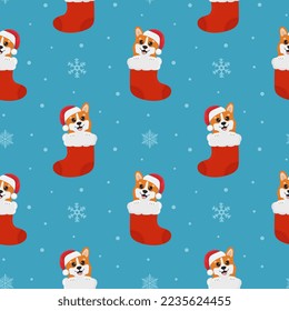 Seamless pattern with corgis in christmas sock. Background for wrapping paper, greeting cards and seasonal designs. Merry Christmas and Happy new year.