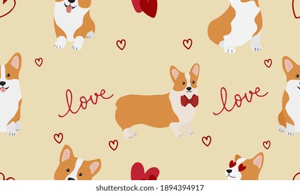 Seamless pattern with  corgis and hearts. Background for wrapping paper,  greeting cards and seasonal designs. Happy Valentine's day.